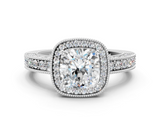 White gold Cushion Cut Halo Diamond Pave Band Ring with Four-Prong Setting_81