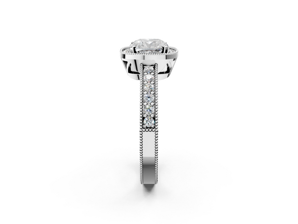 White gold Cushion Cut Halo Diamond Pave Band Ring with Four-Prong Setting