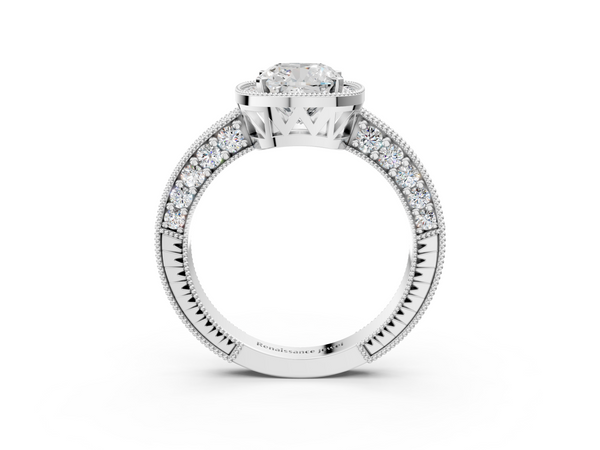 White gold Cushion Cut Halo Diamond Pave Band Ring with Four-Prong Setting