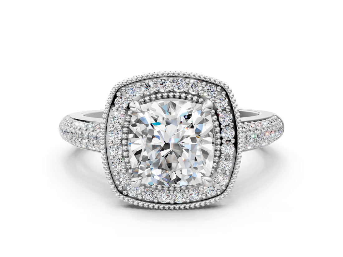White gold Cushion Cut Halo Diamond Pave Band with Four-Prong Setting_67