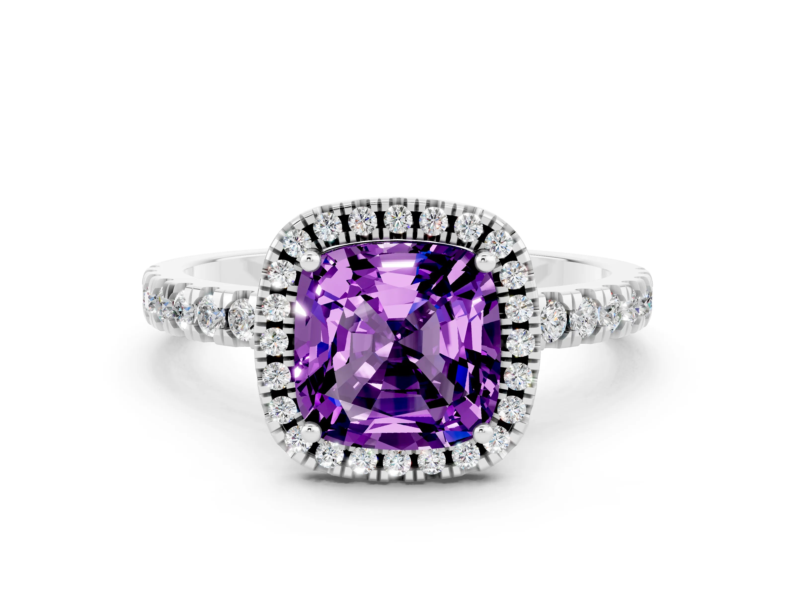 White gold Cushion Cut Halo Diamond Pave Band with Prong Setting