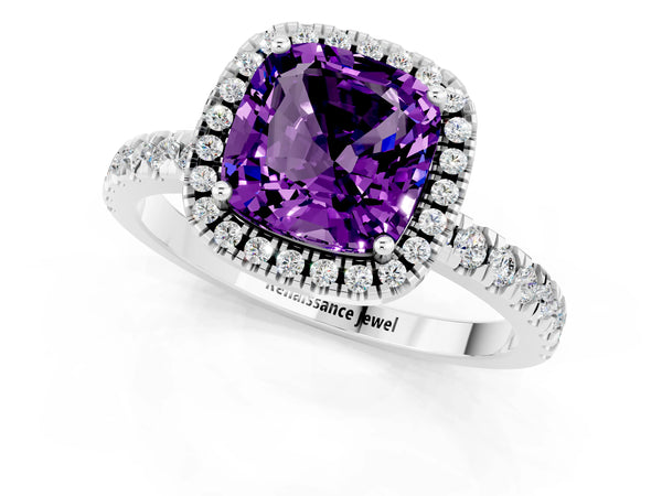Platinum Cushion Cut Amethyst Classic Halo Engagement Ring with Round Pavé Band and Prong Setting