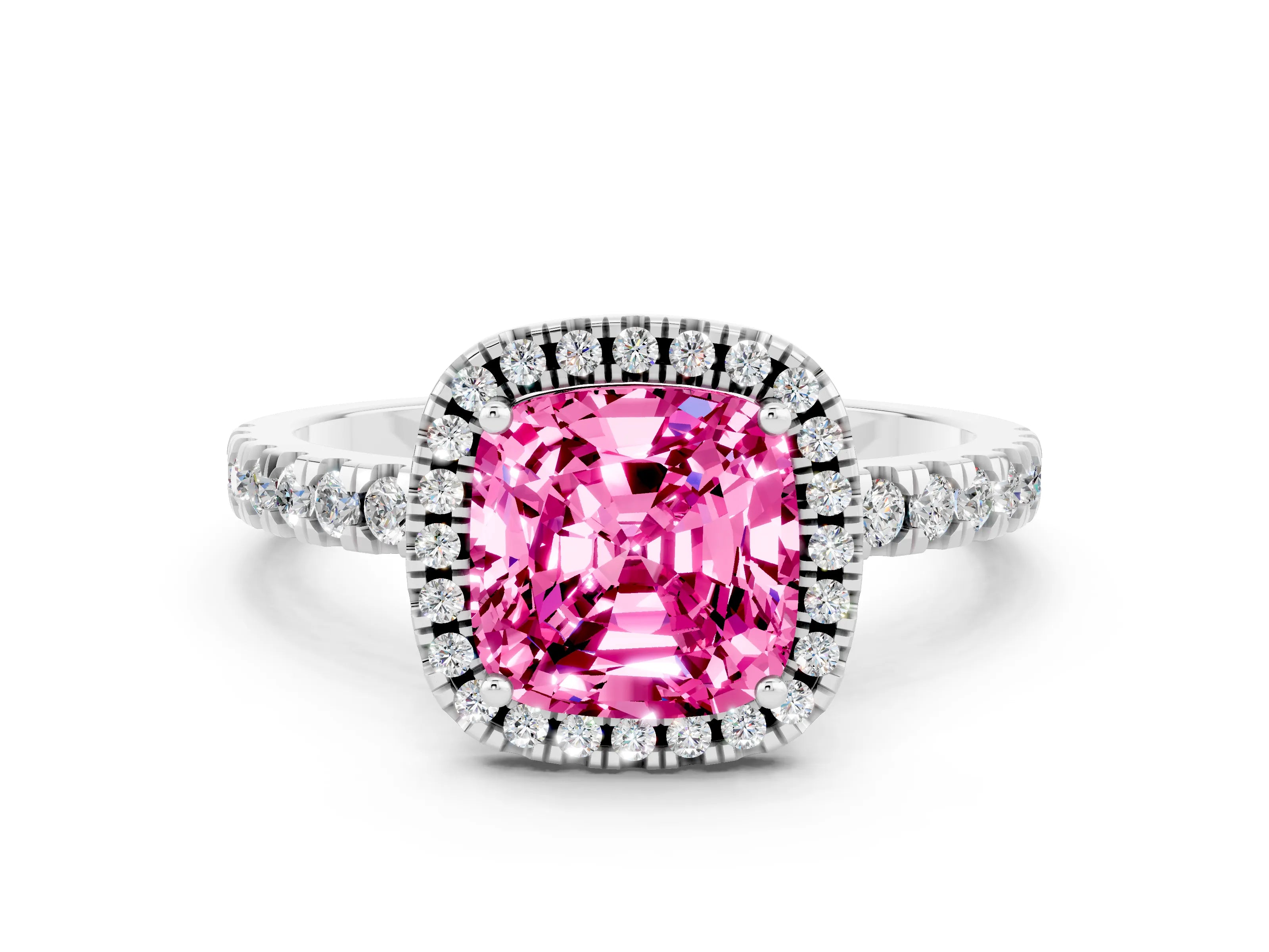White gold Cushion Cut Halo Diamond Pave Band with Prong Setting