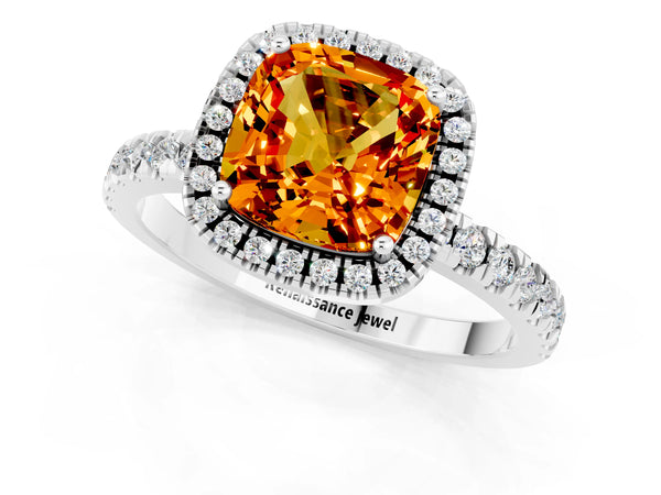 Silver Cushion Cut Citrine Classic Halo Engagement Ring with Round Pavé Band and Prong Setting