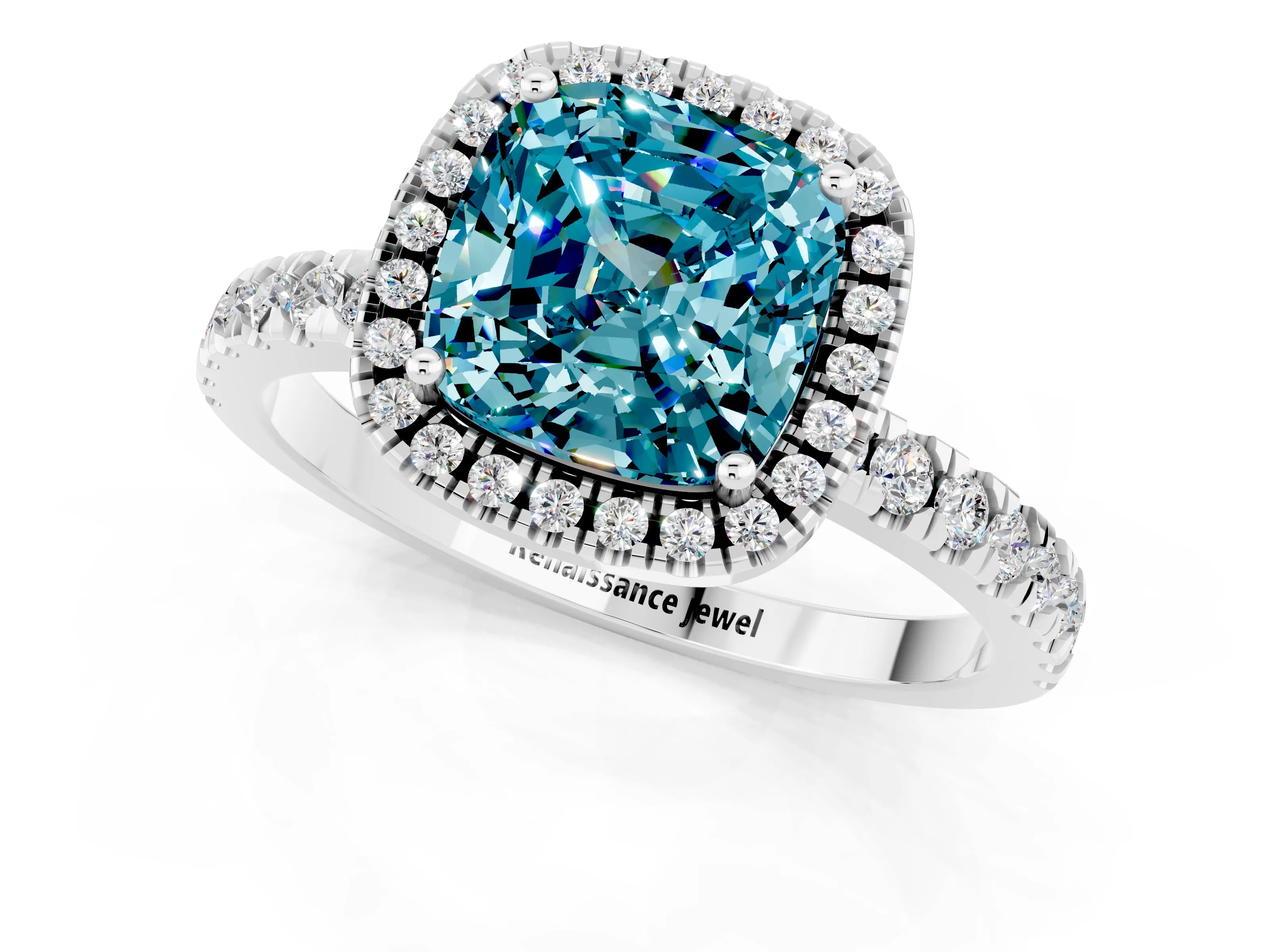 White gold Cushion Cut Halo Diamond Pave Band with Prong Setting_1