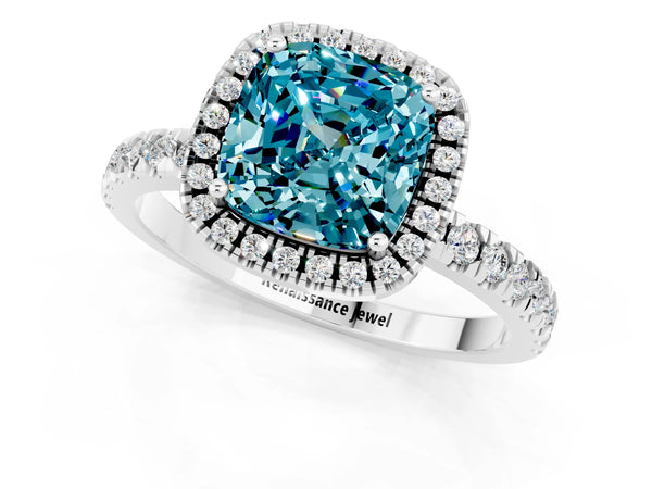 Platinum Cushion Cut Halo Diamond Pave Band with Prong Setting