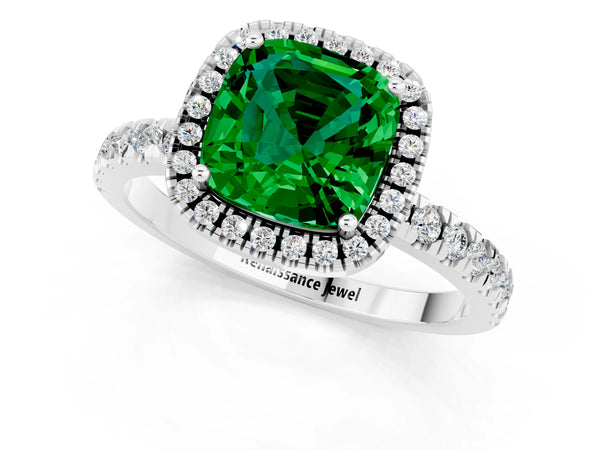 Platinum Cushion Cut Emerald Classic Halo Engagement Ring with Round Pavé Band and Prong Setting