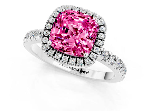 White gold Cushion Cut Halo Diamond Pave Band with Prong Setting_1