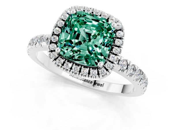 Platinum Cushion Cut Green Sapphire Classic Halo Engagement Ring with Round Pavé Band and Prong Setting