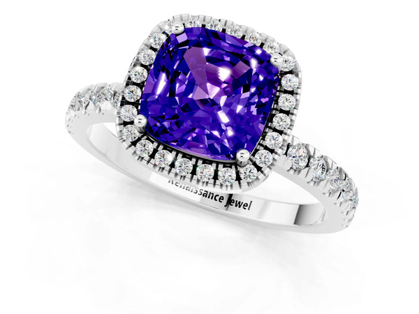 White gold Cushion Cut Tanzanite Classic Halo Engagement Ring with Round Pavé Band and Prong Setting