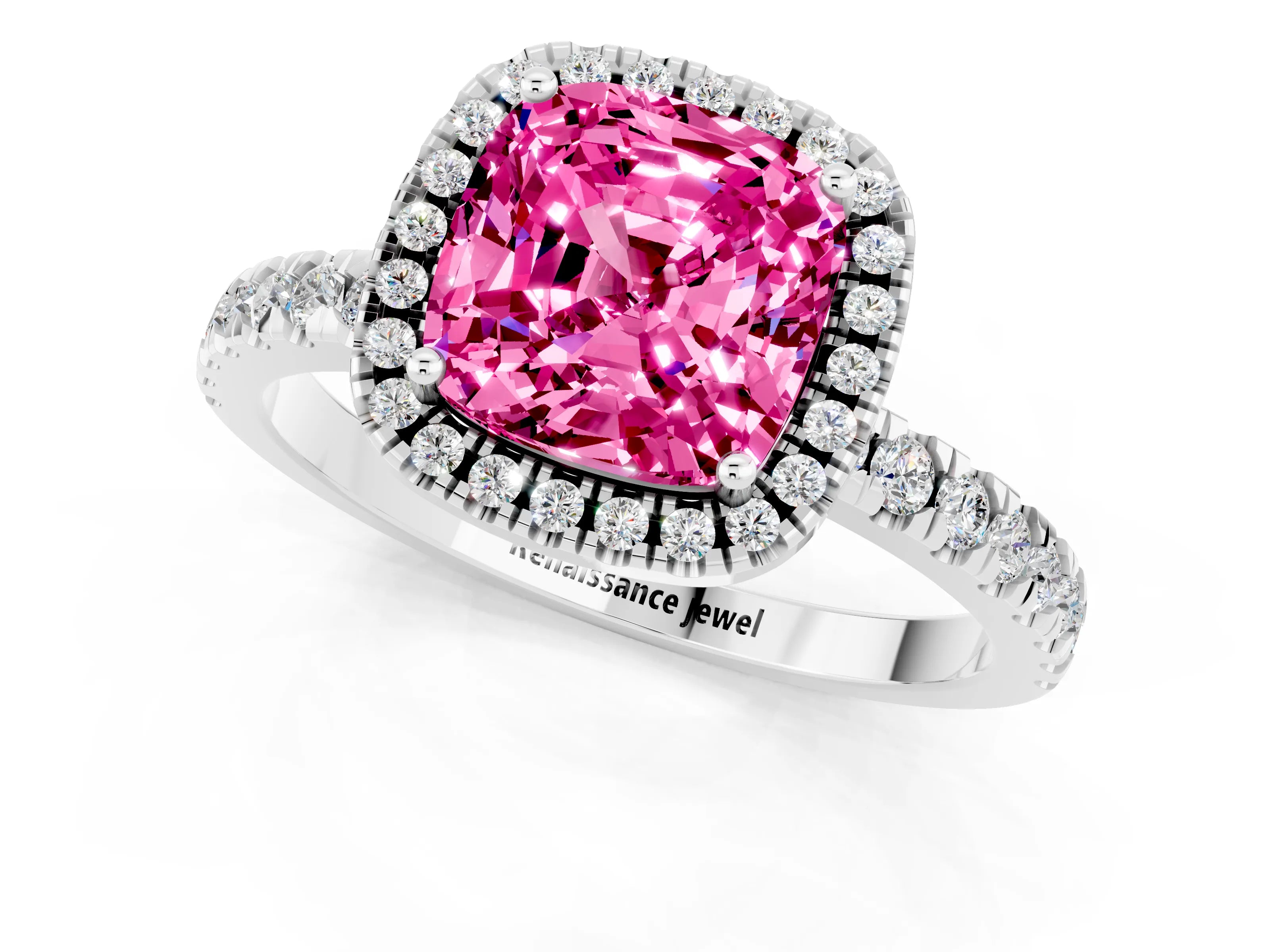 White gold Cushion Cut Halo Diamond Pave Band with Prong Setting_1