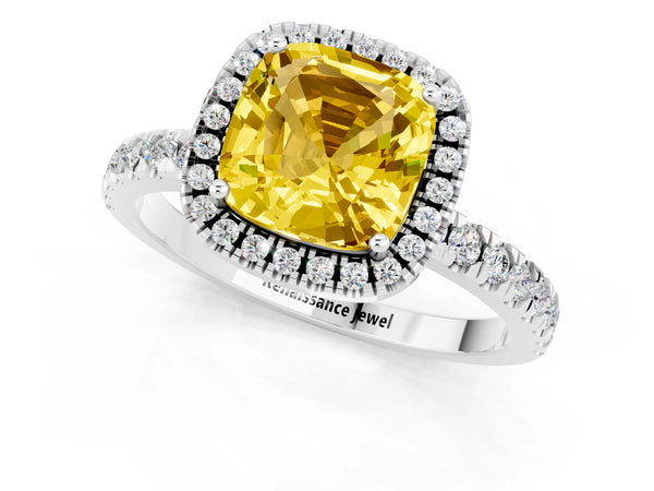 Silver Cushion Cut Yellow Sapphire Classic Halo Engagement Ring with Round Pavé Band and Prong Setting