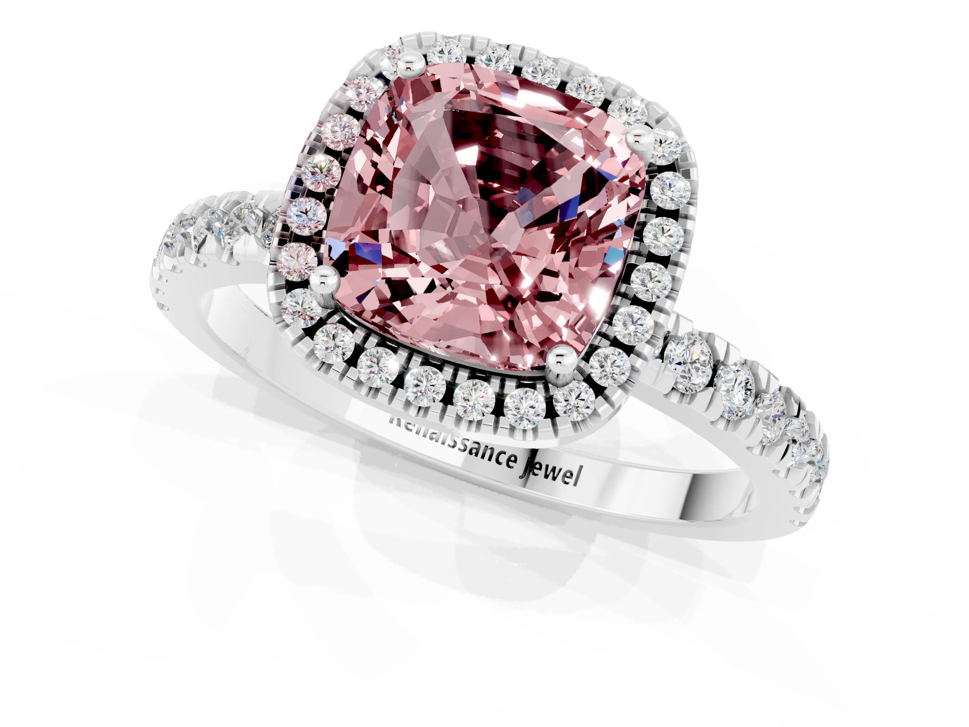 White gold Cushion Cut Halo Diamond Pave Band with Prong Setting_1