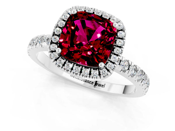 Platinum Cushion Cut Garnet Classic Halo Engagement Ring with Round Pavé Band and Prong Setting