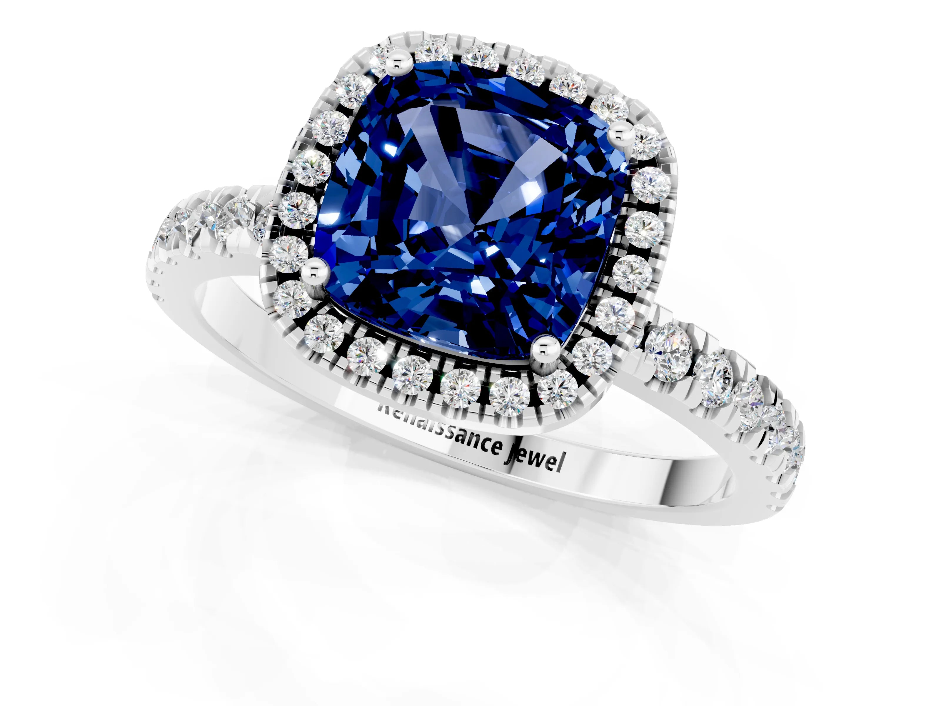 White gold Cushion Cut Halo Diamond Pave Band with Prong Setting_1