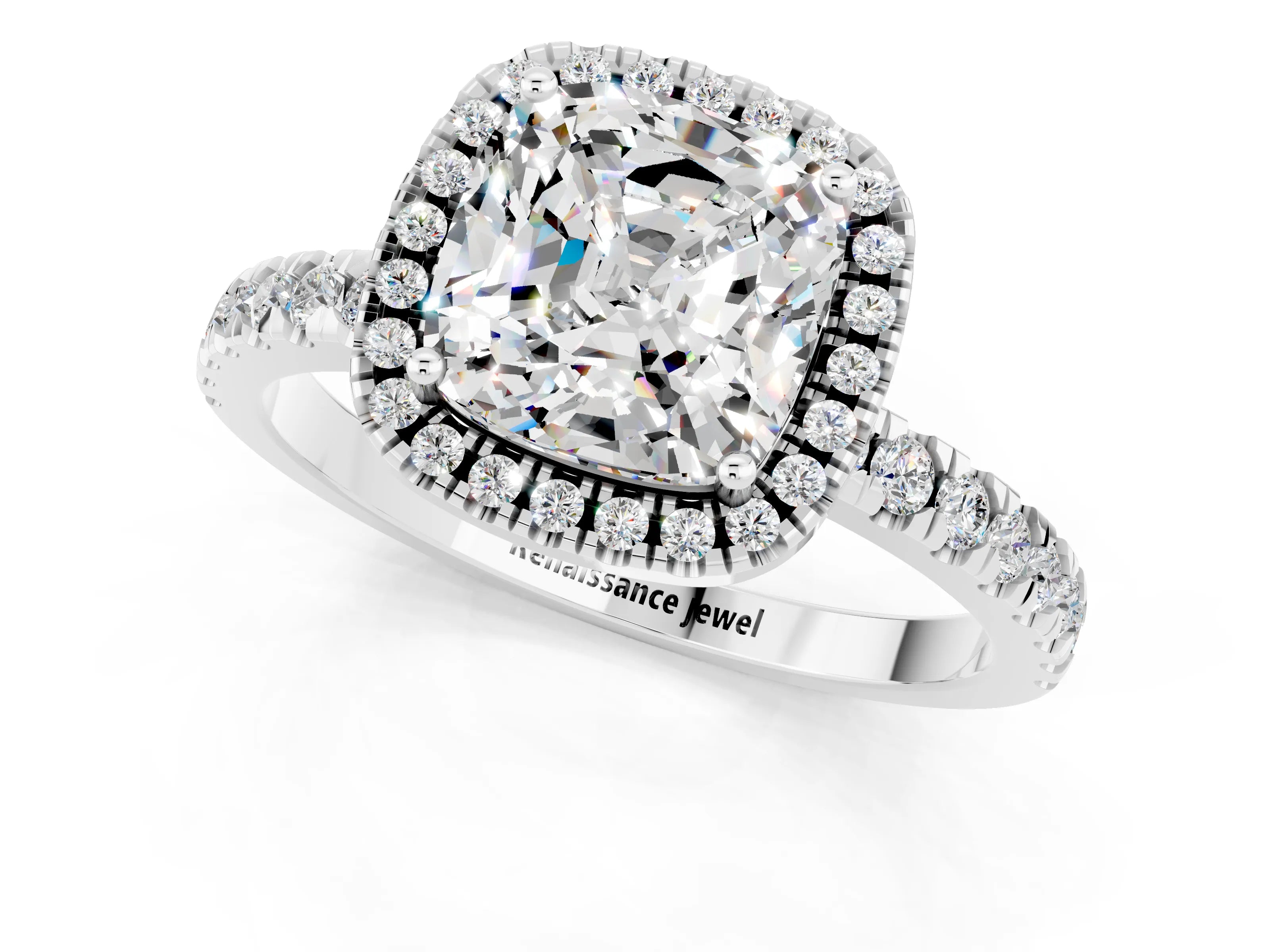 White gold Cushion Cut Halo Diamond Pave Band with Prong Setting_1