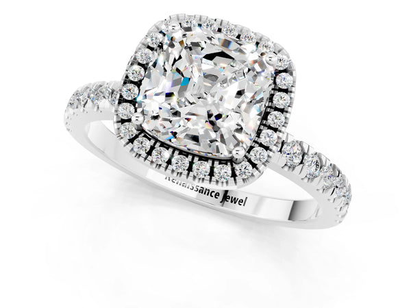 White gold Cushion Cut Moissanite Classic Halo Engagement Ring with Round Pavé Band and Prong Setting