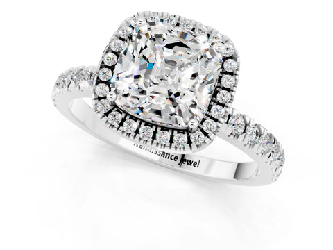 White gold Cushion Cut Halo Diamond Pave Band with Prong Setting_1