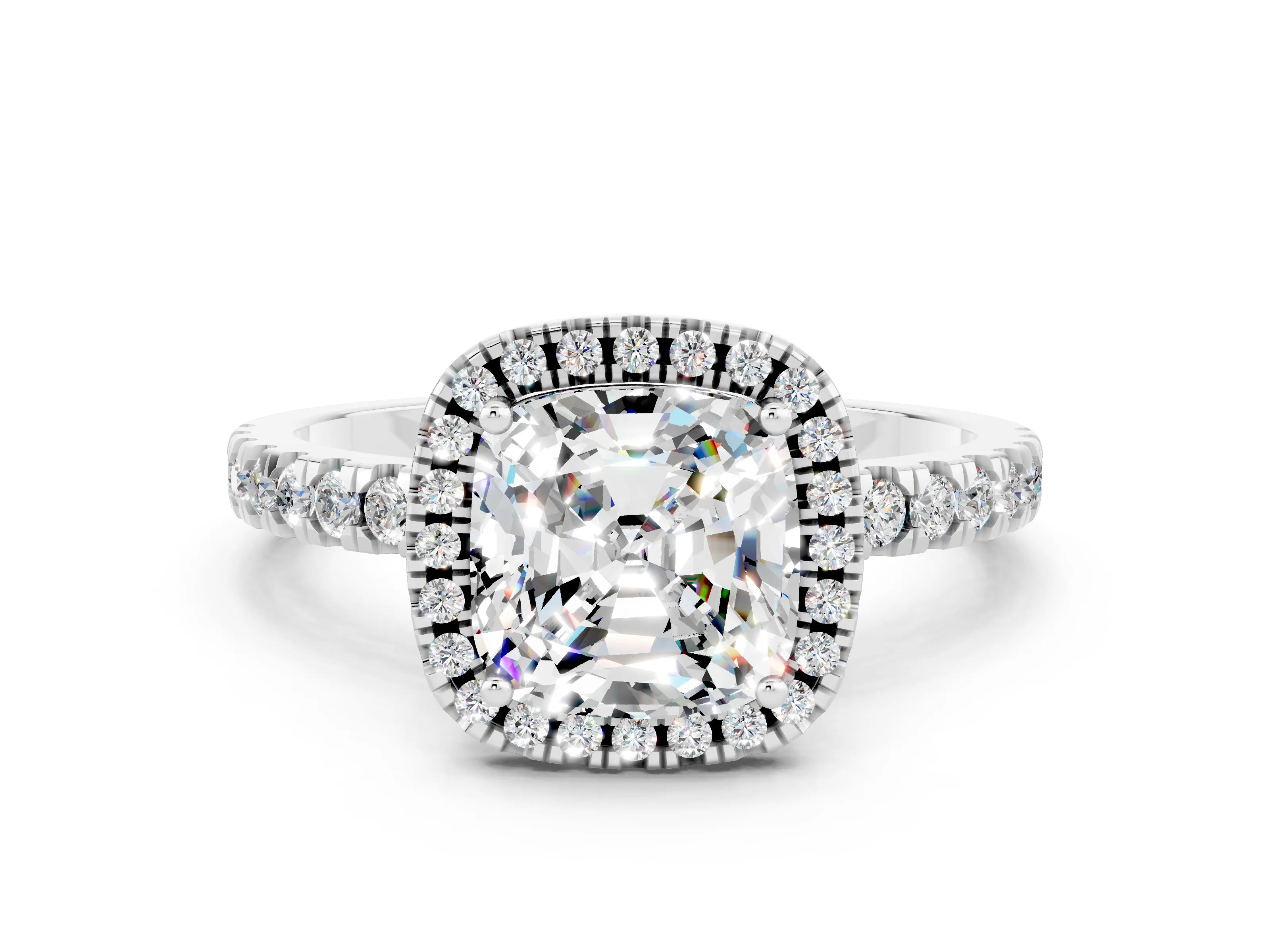 White gold Cushion Cut Halo Diamond Pave Band with Prong Setting