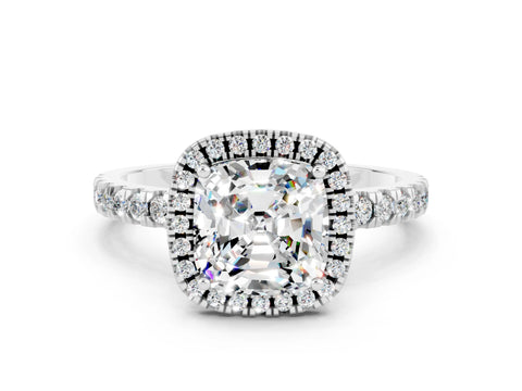 White gold Cushion Cut Halo Diamond Pave Band with Prong Setting