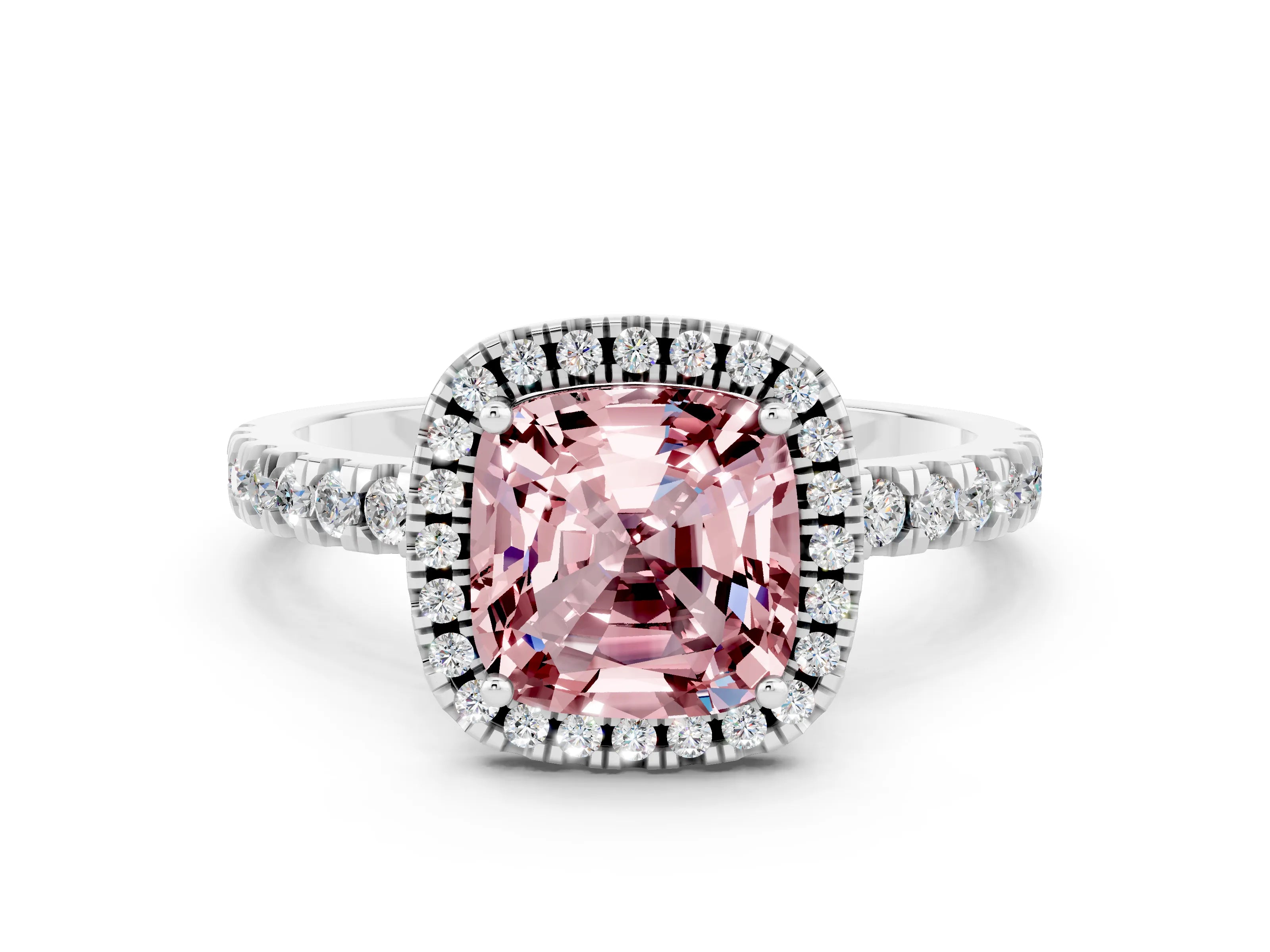 White gold Cushion Cut Halo Diamond Pave Band with Prong Setting