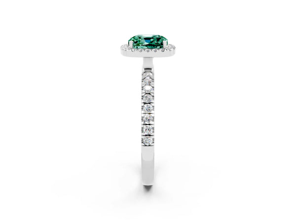 White gold Cushion Cut Green Sapphire Classic Halo Engagement Ring with Round Pavé Band and Prong Setting