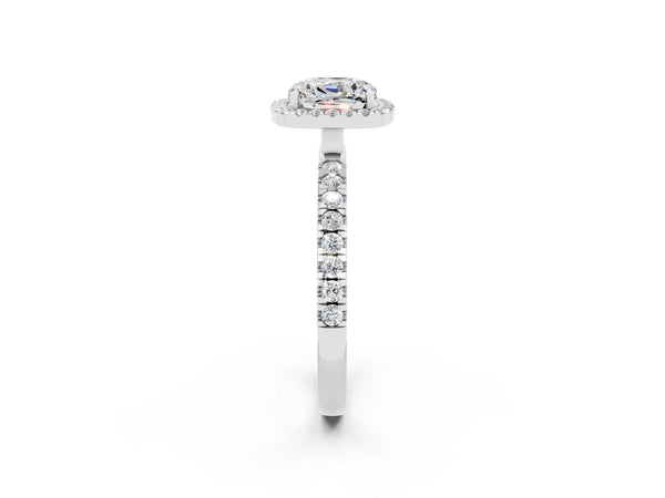 Platinum Cushion Cut Moissanite Classic Halo Engagement Ring with Round Pavé Band and Prong Setting