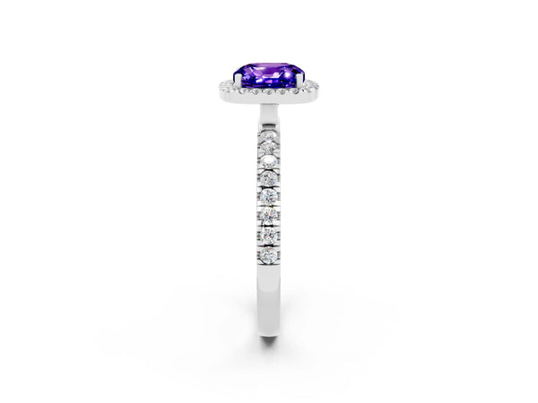 Platinum Cushion Cut Tanzanite Classic Halo Engagement Ring with Round Pavé Band and Prong Setting