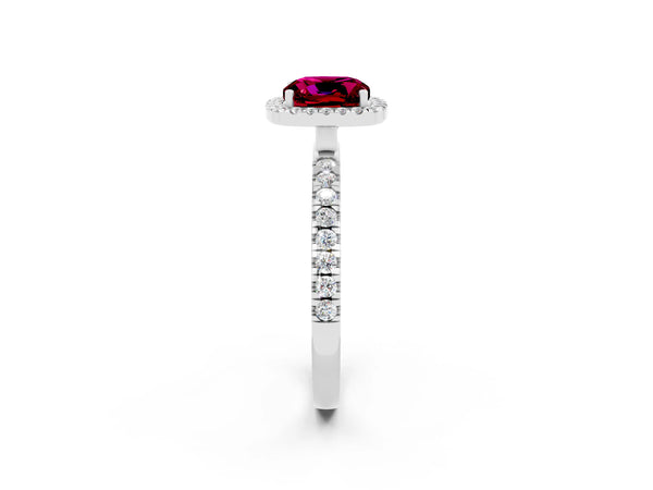 Platinum Cushion Cut Garnet Classic Halo Engagement Ring with Round Pavé Band and Prong Setting