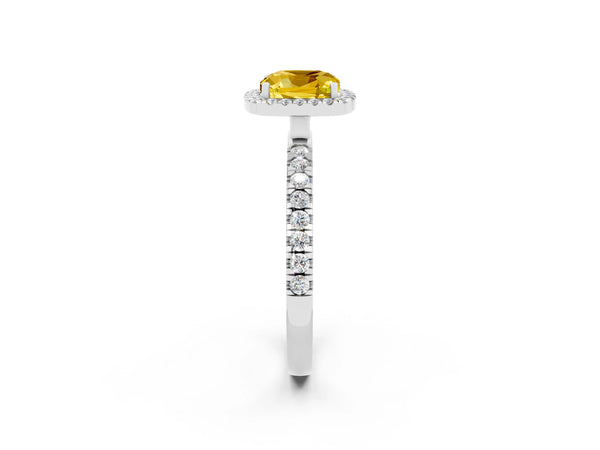 Platinum Cushion Cut Yellow Sapphire Classic Halo Engagement Ring with Round Pavé Band and Prong Setting