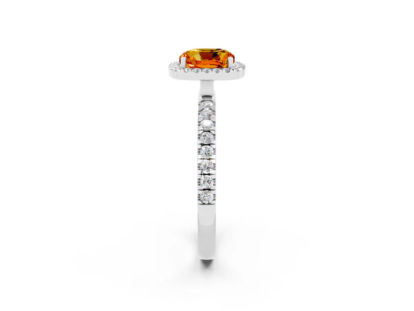 Platinum Cushion Cut Citrine Classic Halo Engagement Ring with Round Pavé Band and Prong Setting
