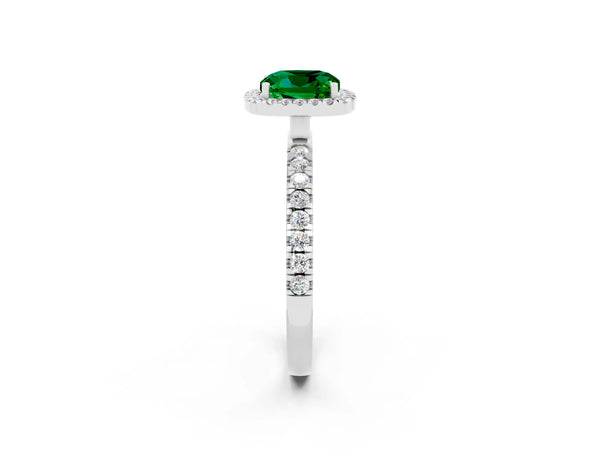 Silver Cushion Cut Emerald Classic Halo Engagement Ring with Round Pavé Band and Prong Setting