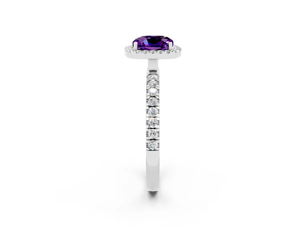Silver Cushion Cut Amethyst Classic Halo Engagement Ring with Round Pavé Band and Prong Setting