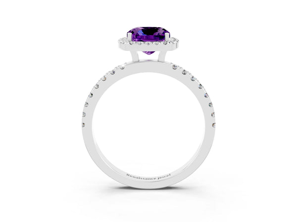 Platinum Cushion Cut Amethyst Classic Halo Engagement Ring with Round Pavé Band and Prong Setting