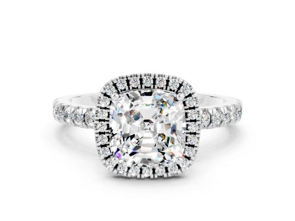 White gold Cushion Cut Moissanite Classic Halo Engagement Ring with Round Pavé Band and Prong Setting