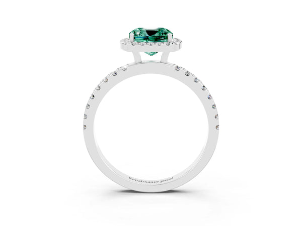 Platinum Cushion Cut Green Sapphire Classic Halo Engagement Ring with Round Pavé Band and Prong Setting