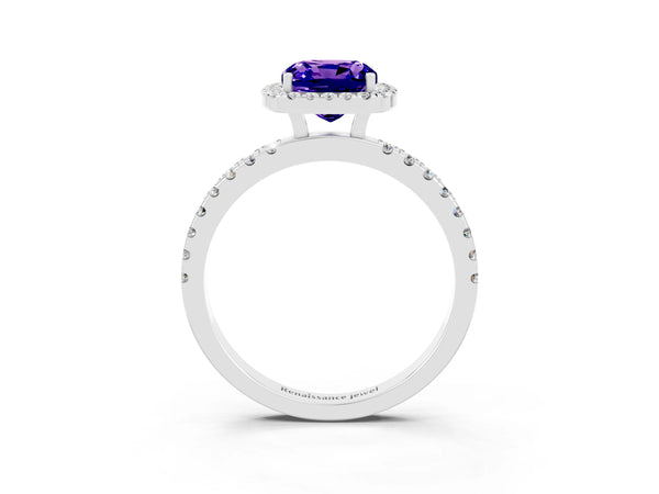 White gold Cushion Cut Tanzanite Classic Halo Engagement Ring with Round Pavé Band and Prong Setting