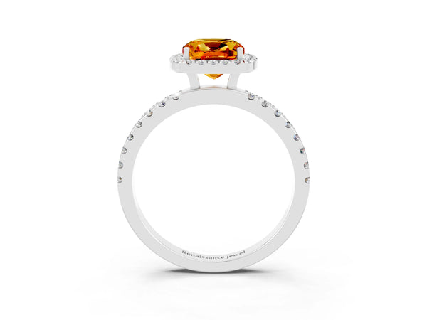 White gold Cushion Cut Citrine Classic Halo Engagement Ring with Round Pavé Band and Prong Setting