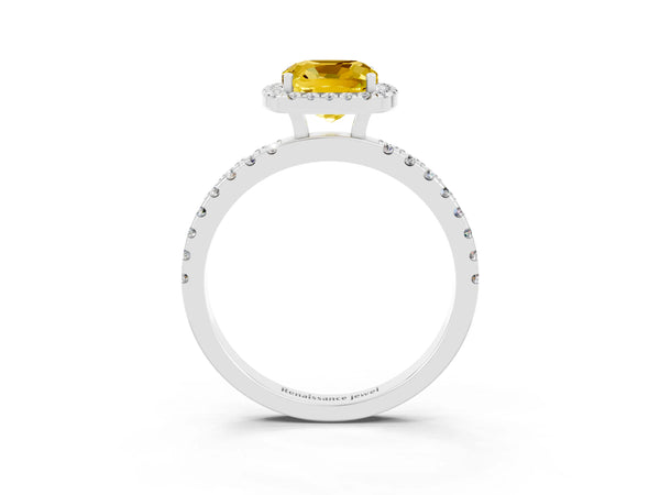 Platinum Cushion Cut Yellow Sapphire Classic Halo Engagement Ring with Round Pavé Band and Prong Setting