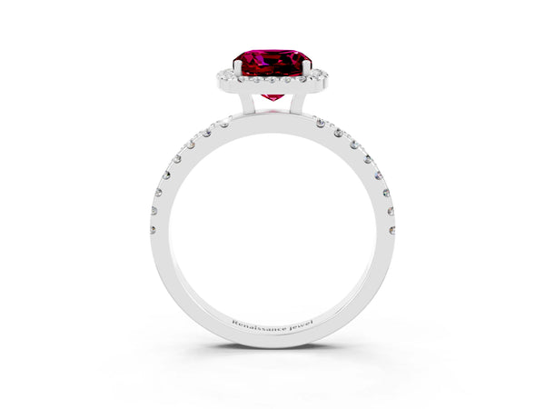 Silver Cushion Cut Garnet Classic Halo Engagement Ring with Round Pavé Band and Prong Setting
