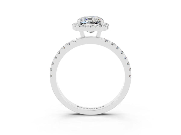 Platinum Cushion Cut Moissanite Classic Halo Engagement Ring with Round Pavé Band and Prong Setting