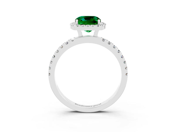 Platinum Cushion Cut Emerald Classic Halo Engagement Ring with Round Pavé Band and Prong Setting