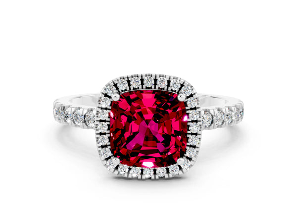 White gold Cushion Cut Garnet Classic Halo Engagement Ring with Round Pavé Band and Prong Setting