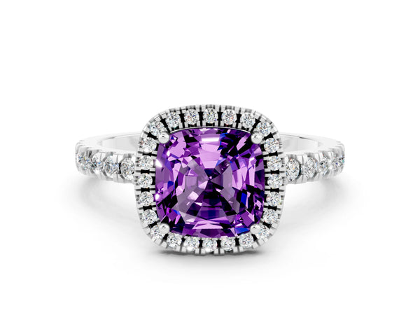 Silver Cushion Cut Amethyst Classic Halo Engagement Ring with Round Pavé Band and Prong Setting