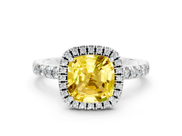 Platinum Cushion Cut Yellow Sapphire Classic Halo Engagement Ring with Round Pavé Band and Prong Setting