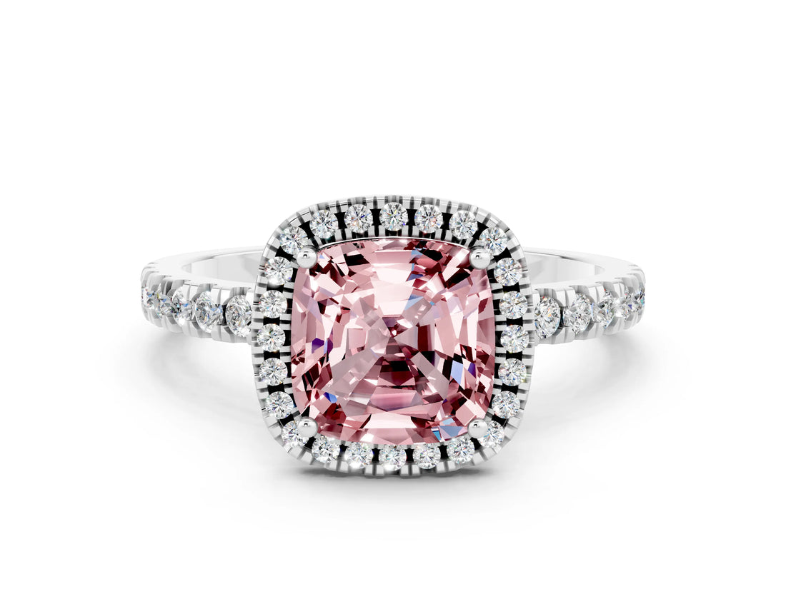 White gold Cushion Cut Halo Diamond Pave Band with Prong Setting