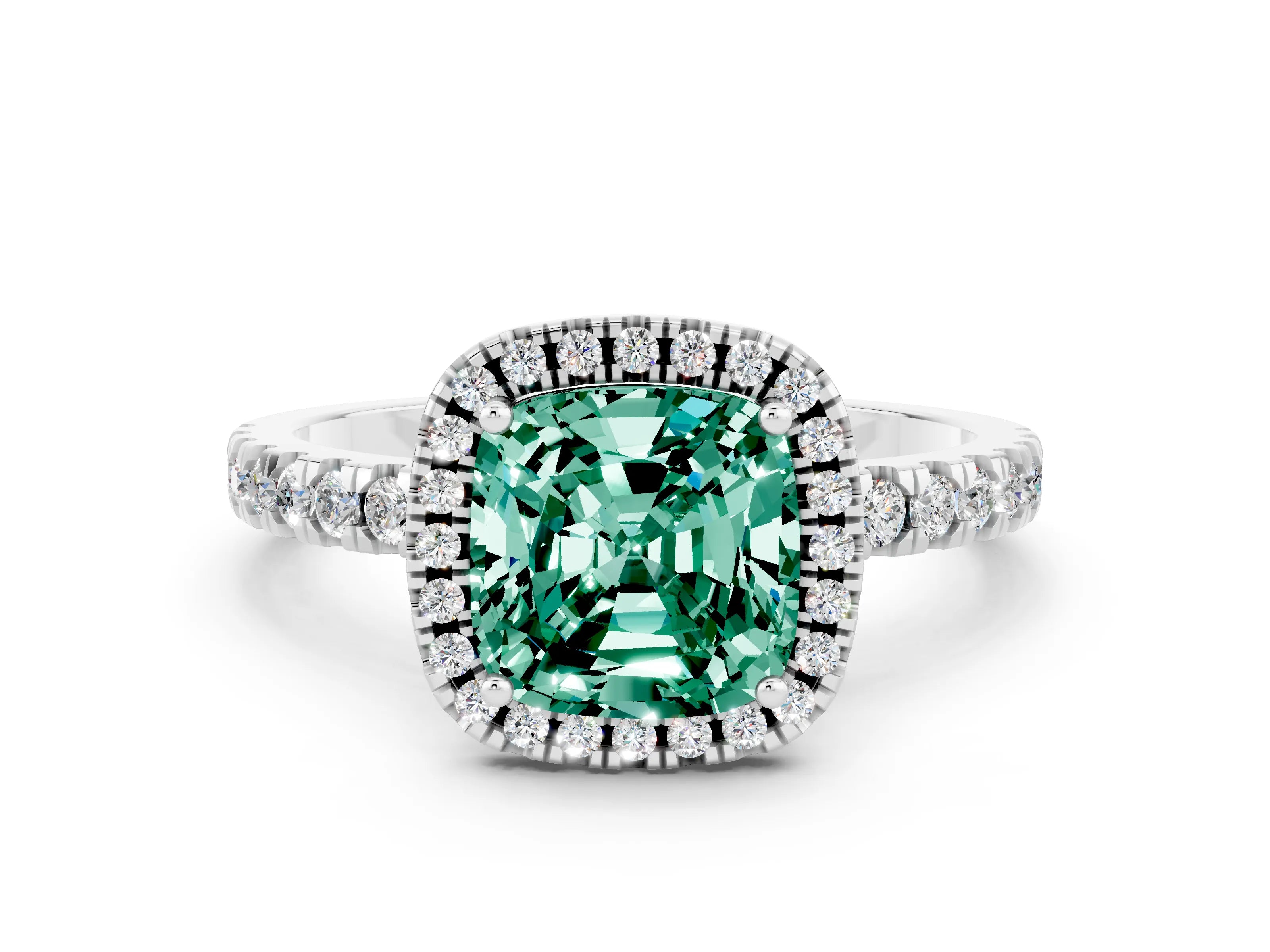 White gold Cushion Cut Halo Diamond Pave Band with Prong Setting