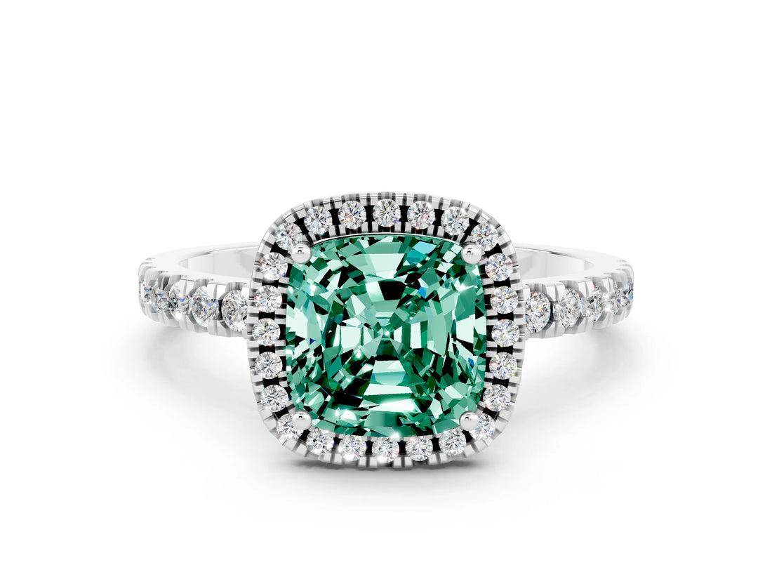 White gold Cushion Cut Halo Diamond Pave Band with Prong Setting