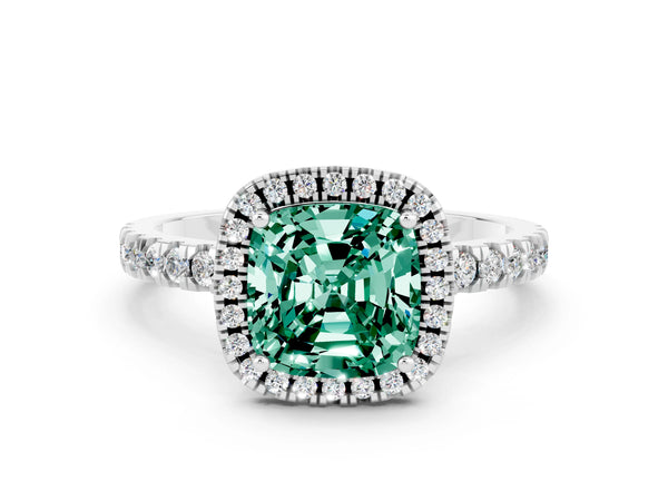 Platinum Cushion Cut Green Sapphire Classic Halo Engagement Ring with Round Pavé Band and Prong Setting