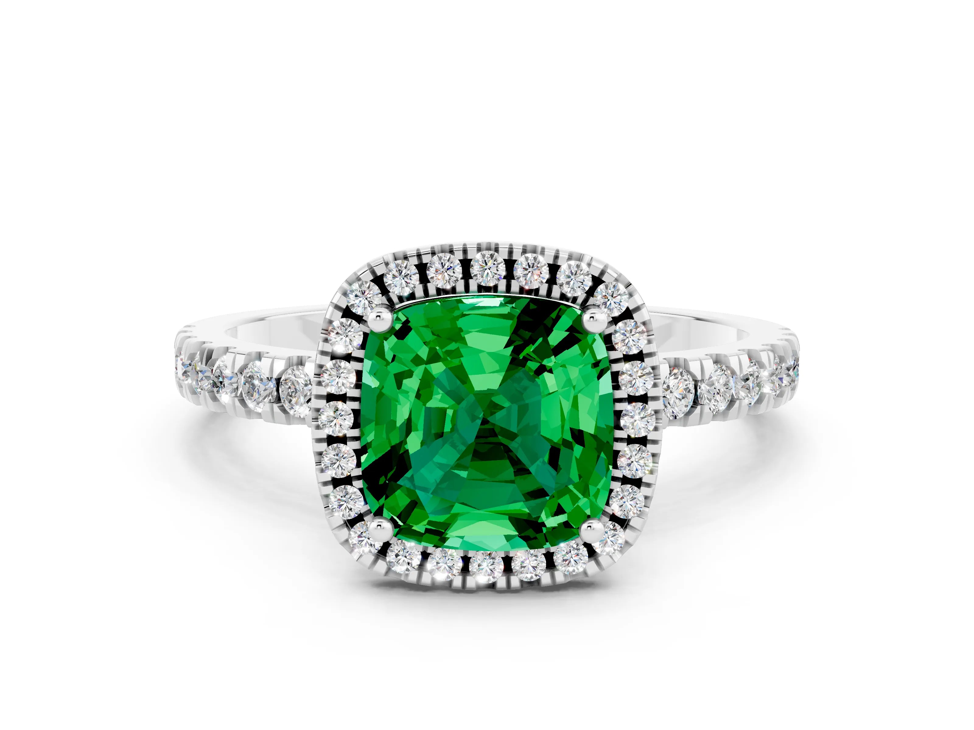 White gold Cushion Cut Halo Diamond Pave Band with Prong Setting